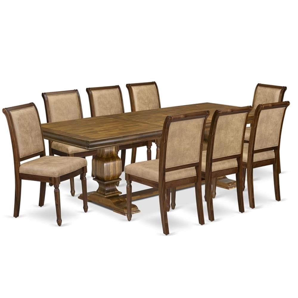 9-Piece Acacia Wood Dining Table Set with Beige PU Leather Chairs R631