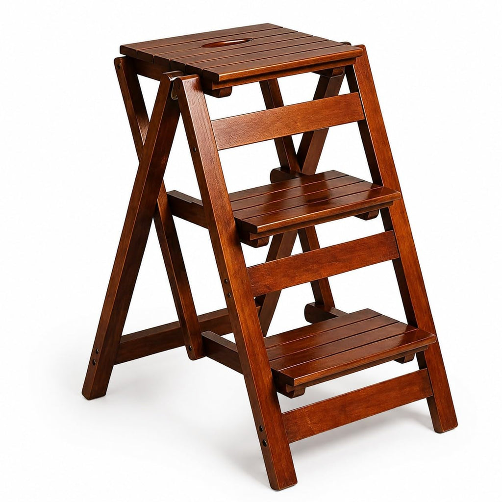 Solid Oak 3 Step Folding Ladder 330 lbs Capacity Wooden Step Stool M458
