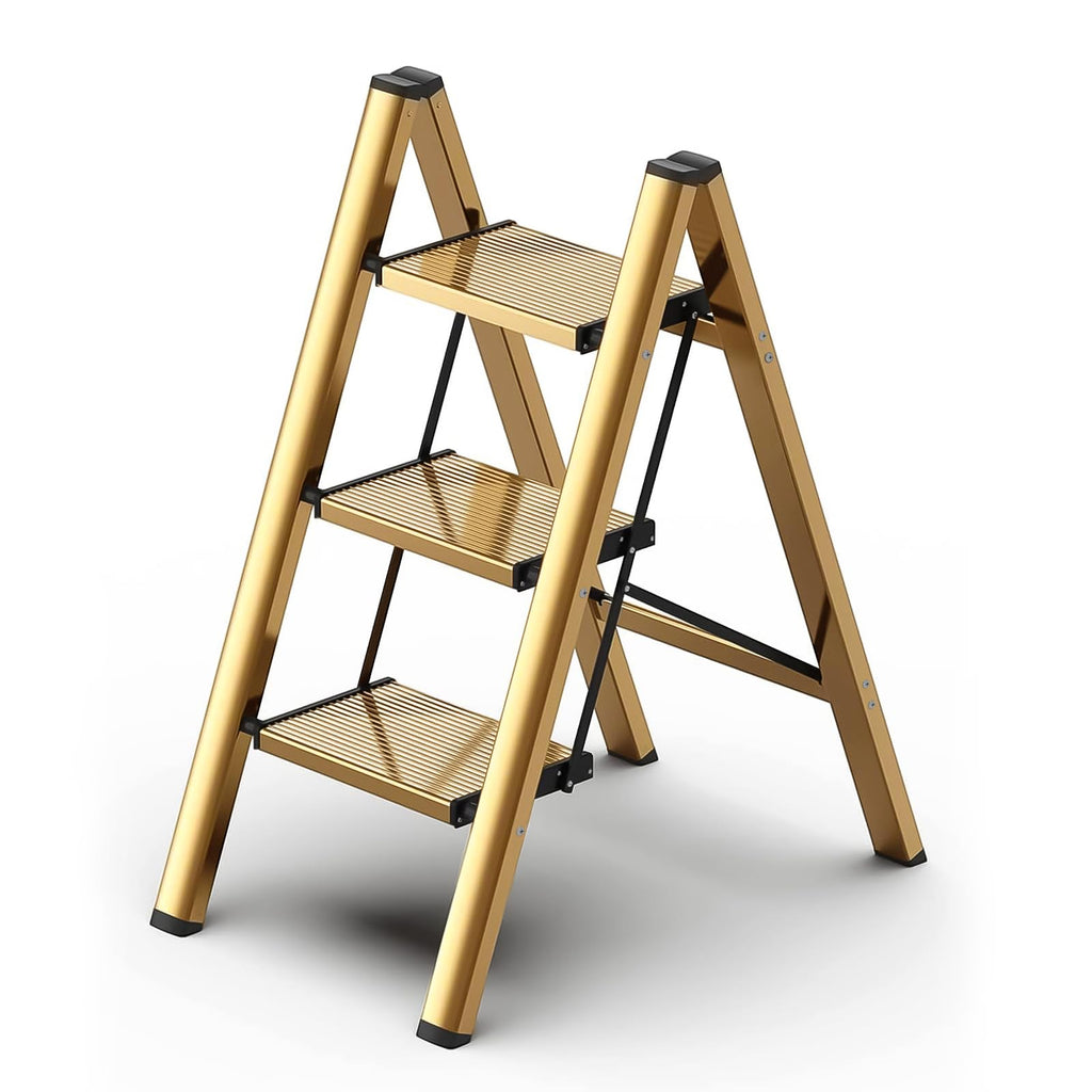 Gold Aluminum 3 Step Folding Stool, 330 lb Capacity K466238