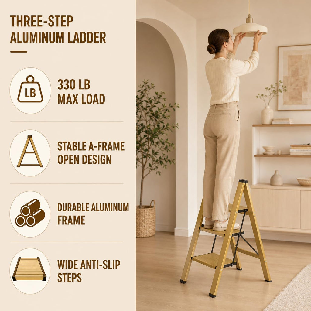 Gold Aluminum 3 Step Folding Stool, 330 lb Capacity K466238