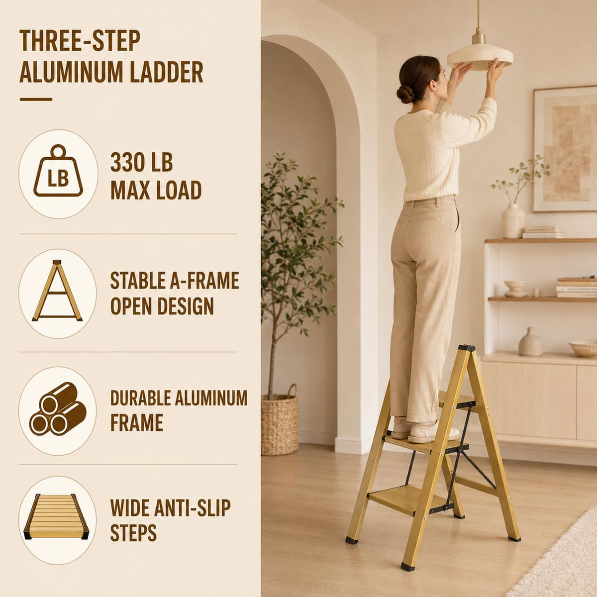 Gold Aluminum 3 Step Folding Stool, 330 lb Capacity K466238