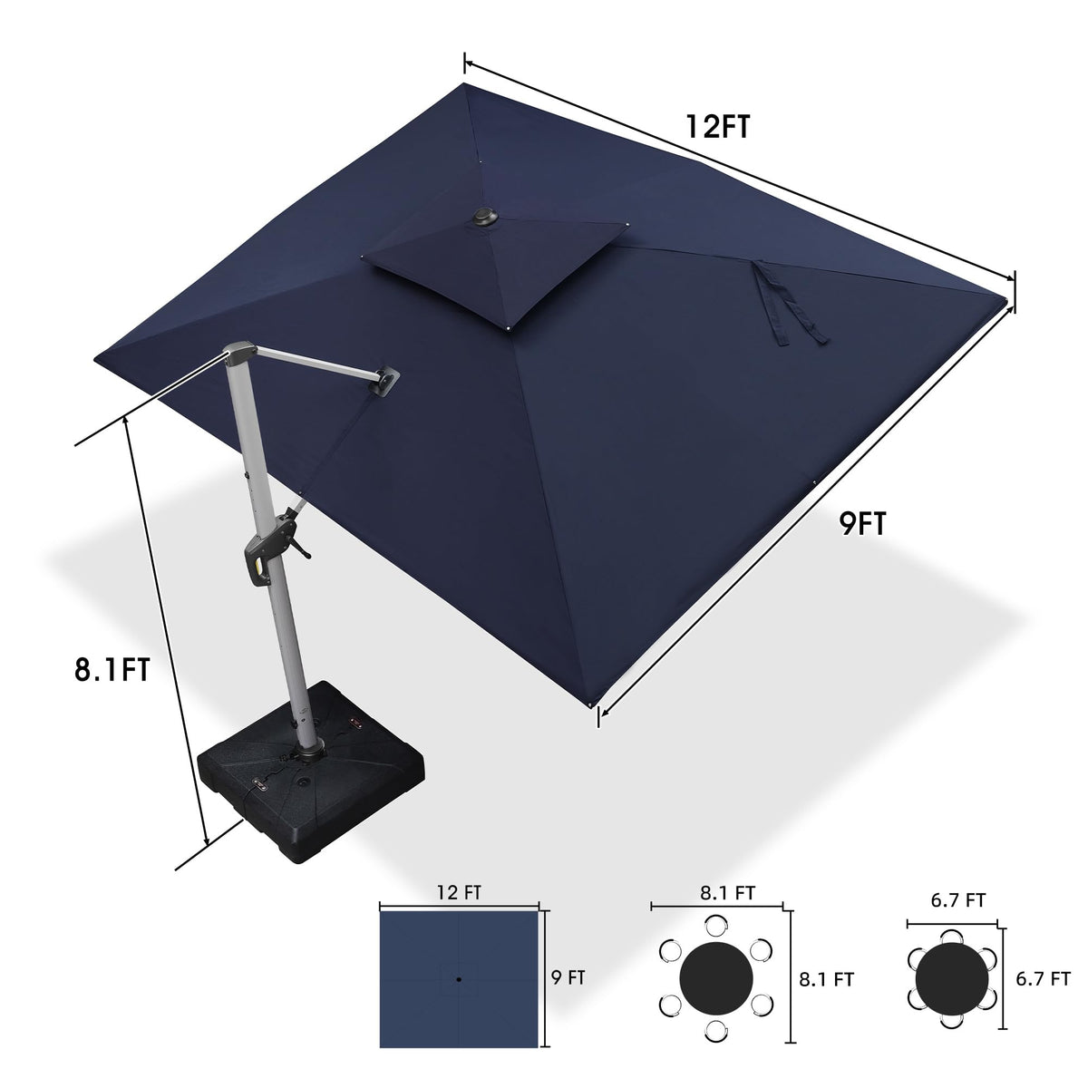 Navy Blue 9' X 12' Patio Cantilever Umbrella with Base Y688