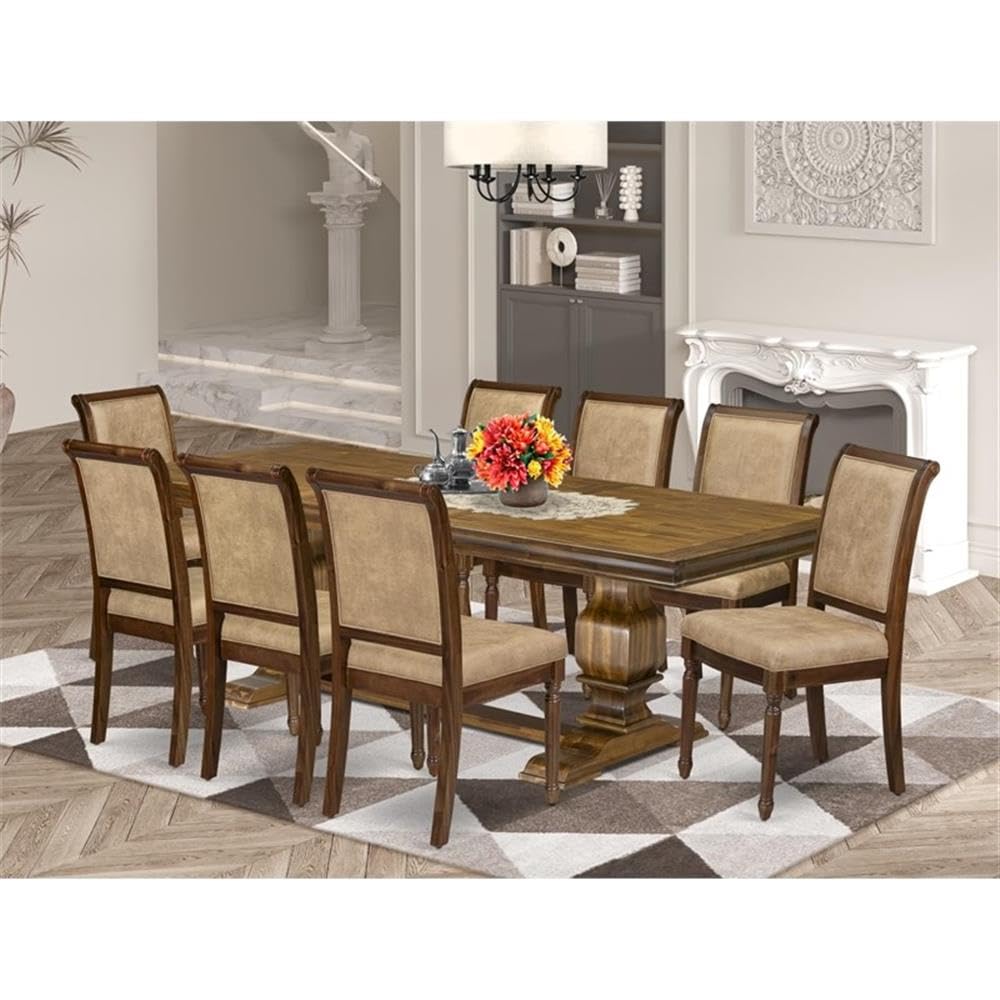 9-Piece Acacia Wood Dining Table Set with Beige PU Leather Chairs R631
