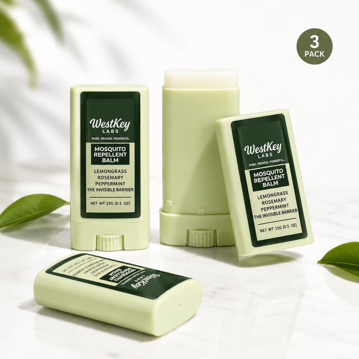Mosquito Repellent Balm Stick 3-Pack 0.5oz DEET-Free Plant-Based G92497