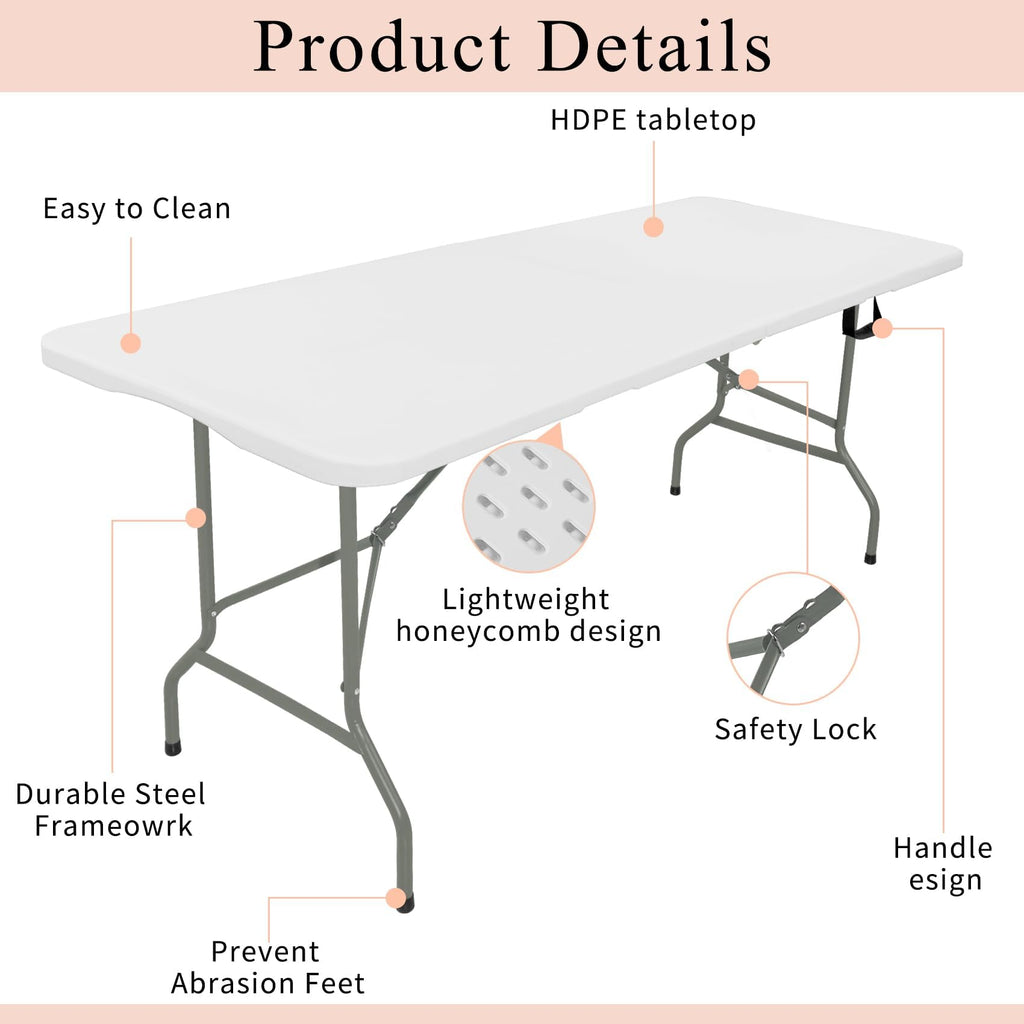 Set of 2 Lightweight 6FT Rectangular Plastic Folding Tables with Steel Legs W9559