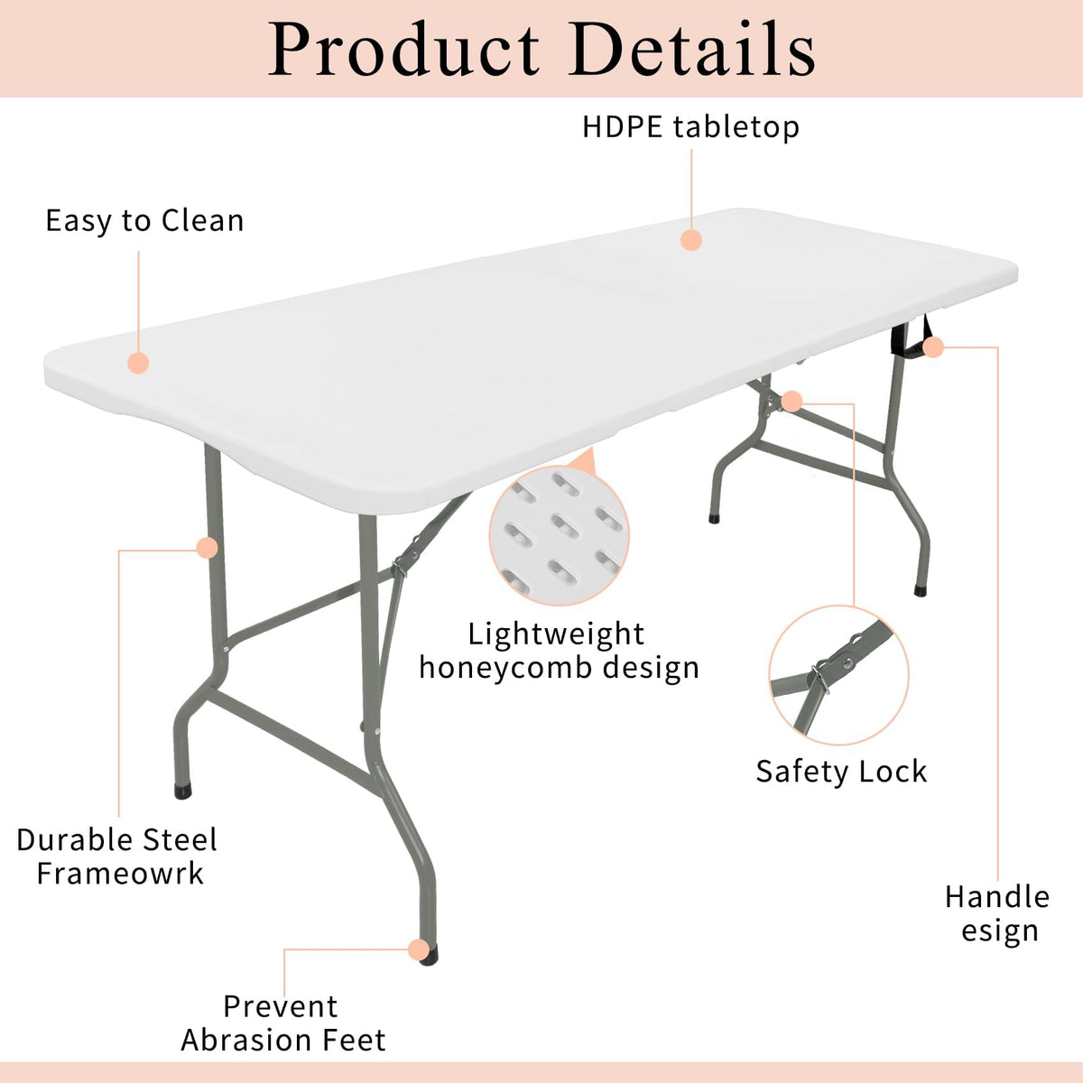 Set of 2 Lightweight 6FT Rectangular Plastic Folding Tables with Steel Legs W9559