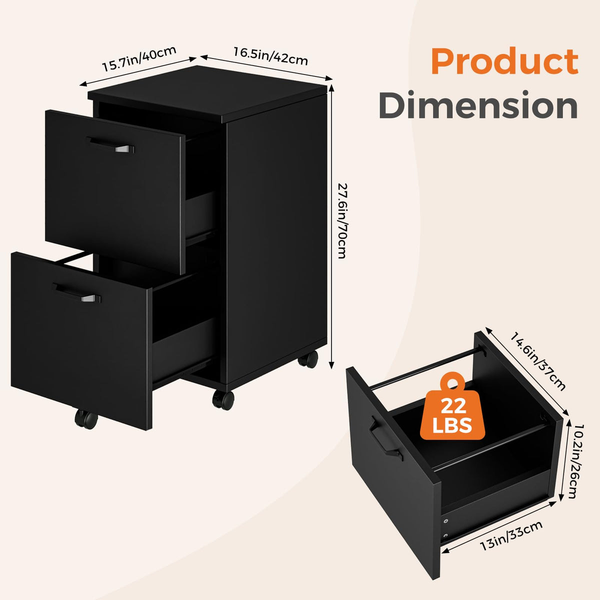 Black 2 Drawer Rolling Wood Filing Cabinet Z480