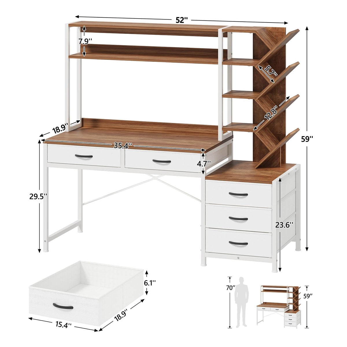 52" Computer Desk with Bookshelf, 5 Drawers & Hutch Y958