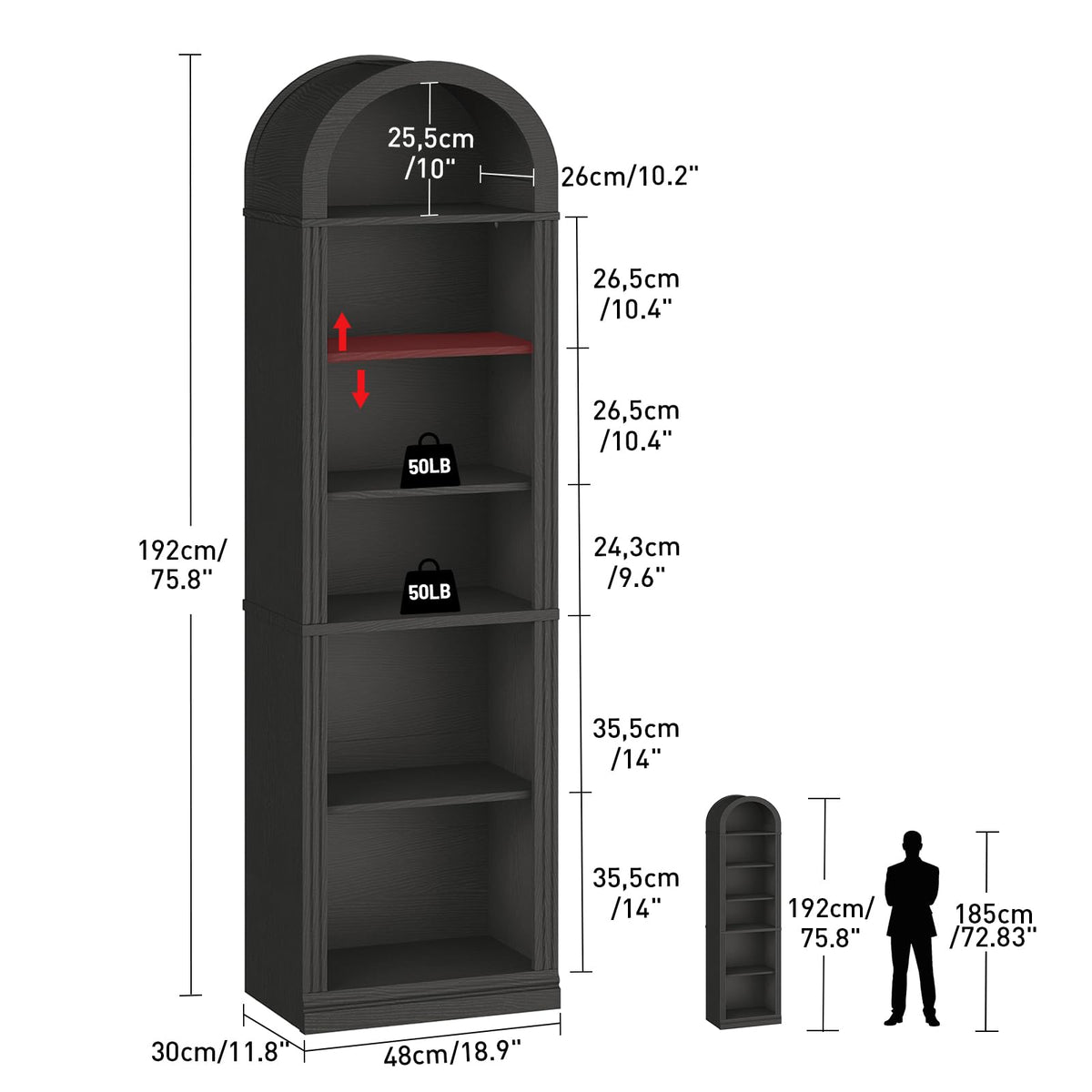 75.8" Tall Narrow 6-Tier Arched Wooden Bookshelf, Black A1733