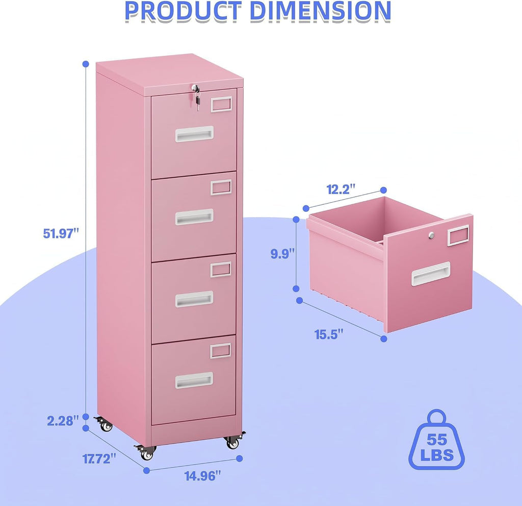 4 Drawer Metal File Cabinet with Lock and Wheels Y618394