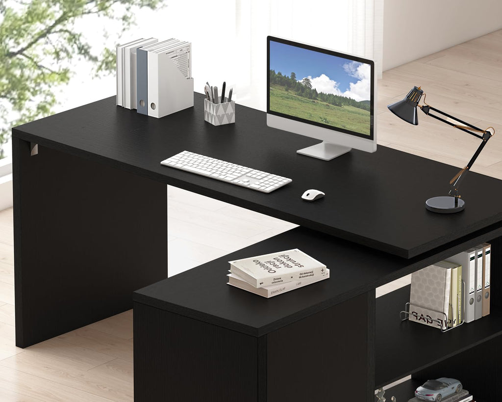 Black L Shaped Wood Computer Desk with Storage O6162