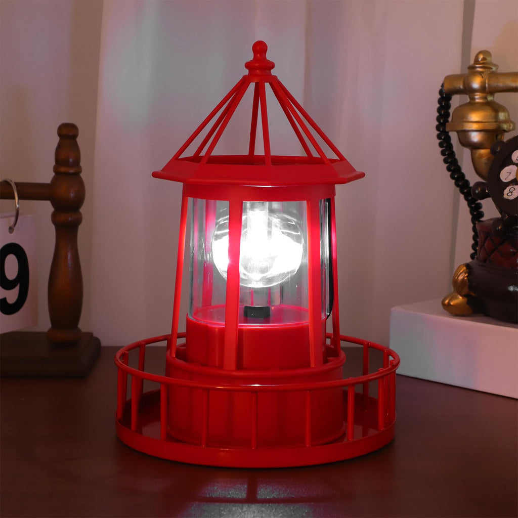 Solar Powered Red Lighthouse Figurine with Rotating Garden Light C323929