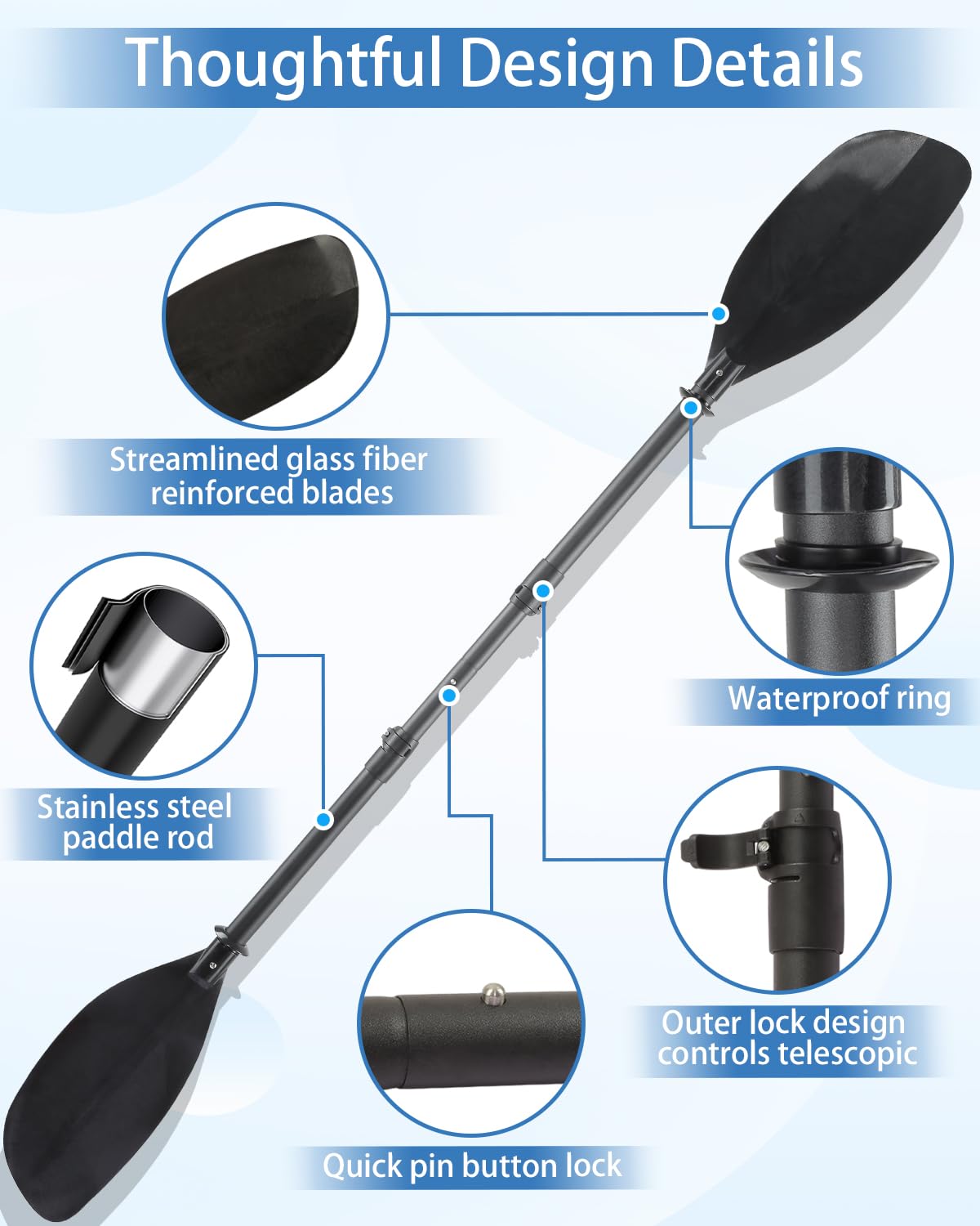 Adjustable Telescopic Kayak Paddle Stainless Steel Shaft Fiberglass Blades U598