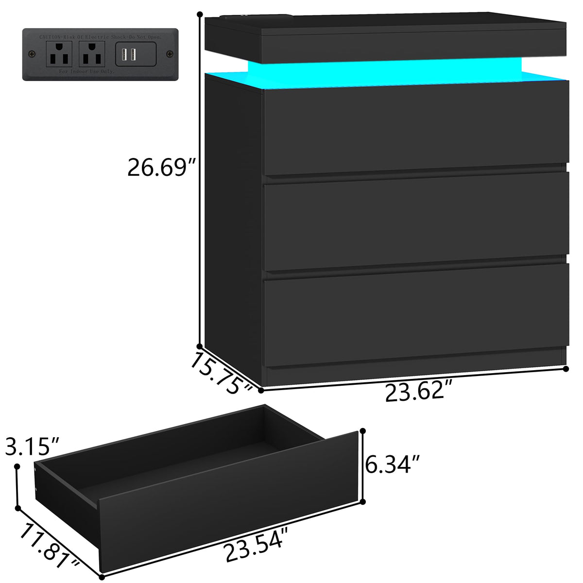 Nightstand with Charging Station, LED Lights, 3 Storage Drawers J5270