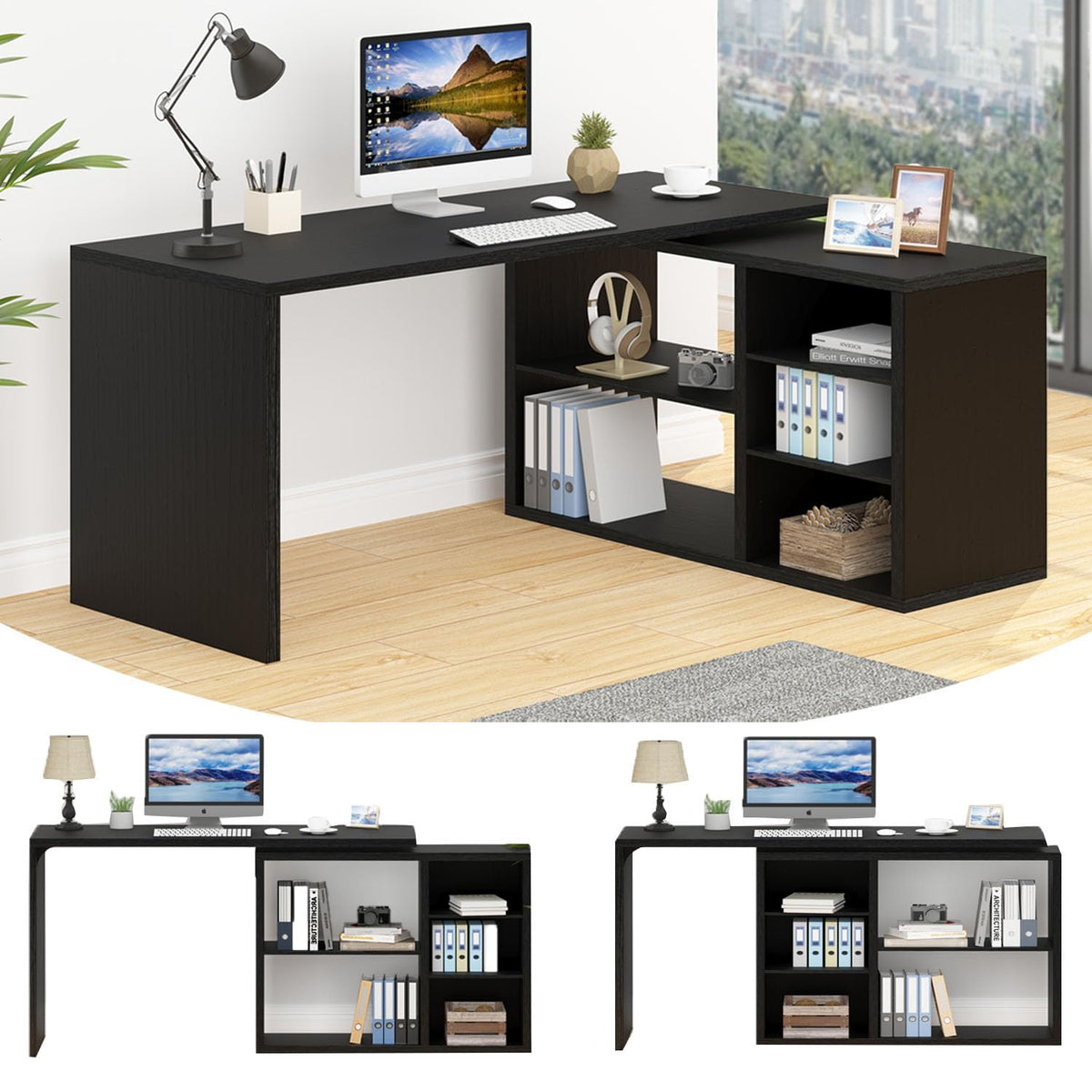 Black L Shaped Wood Computer Desk with Storage O6162