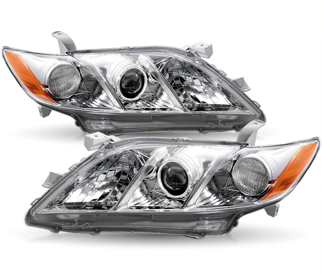 Pair Headlights Assembly Compatible With 2007-2009 Toyota Camry Driver Passenger Side Halogen Chrome Housing Clear Lens T2605