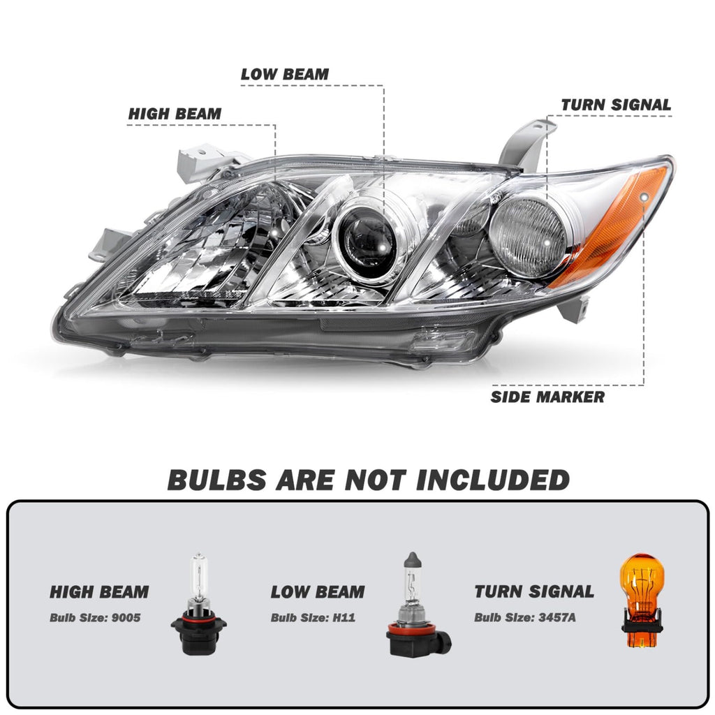 Pair Headlights Assembly Compatible With 2007-2009 Toyota Camry Driver Passenger Side Halogen Chrome Housing Clear Lens T2605