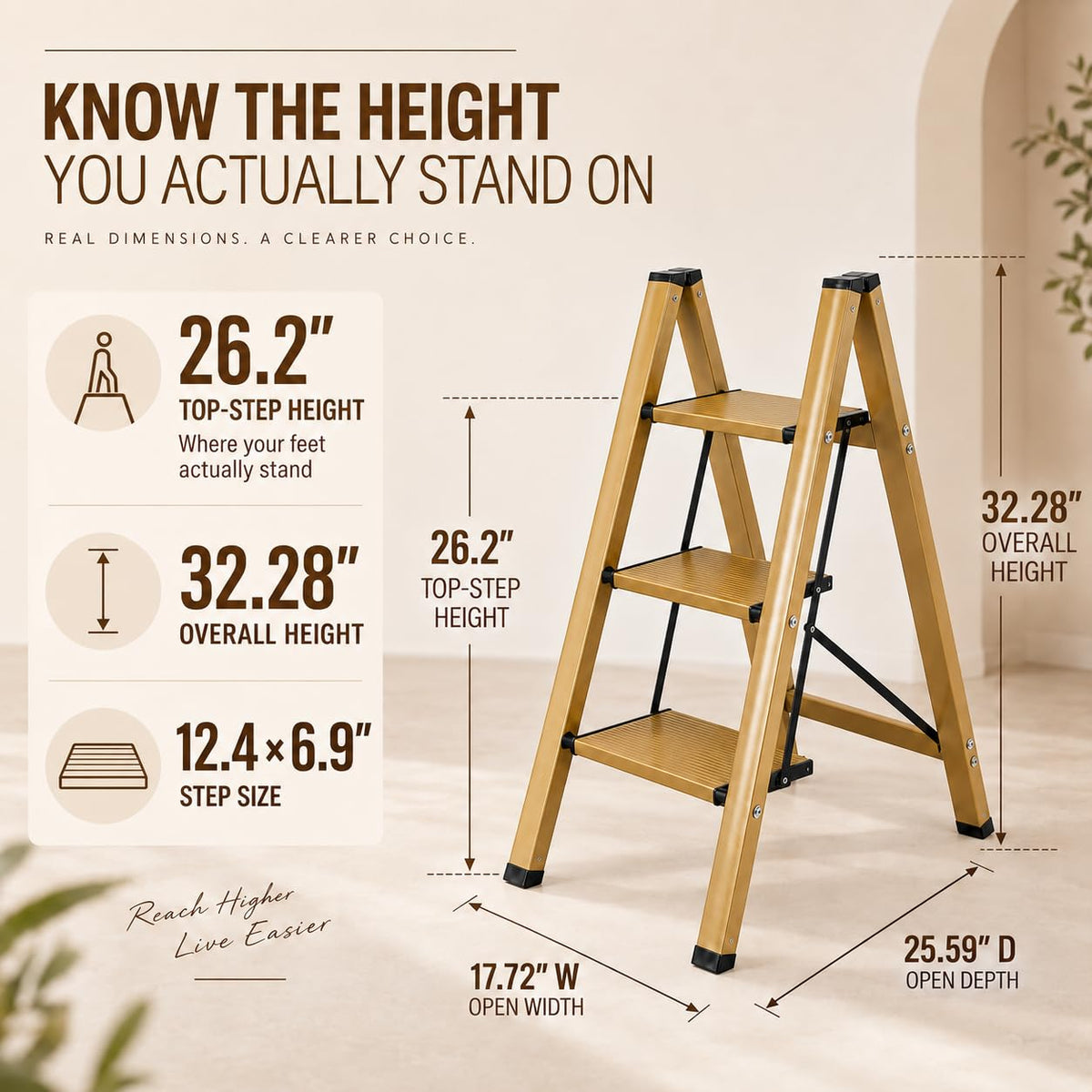 Gold Aluminum 3 Step Folding Stool, 330 lb Capacity K466238