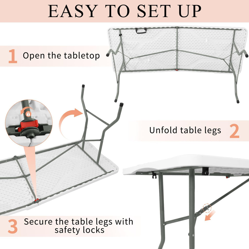 Set of 2 Lightweight 6FT Rectangular Plastic Folding Tables with Steel Legs W9559