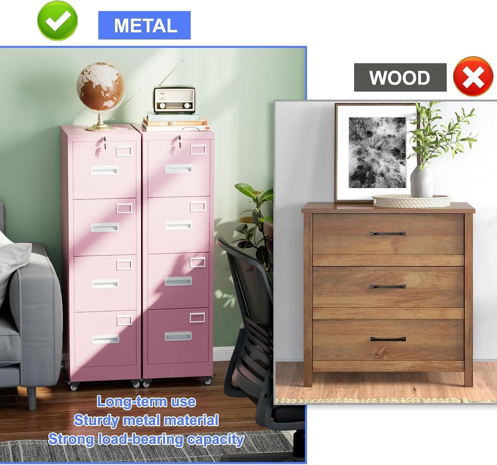 4 Drawer Metal File Cabinet with Lock and Wheels Y618394