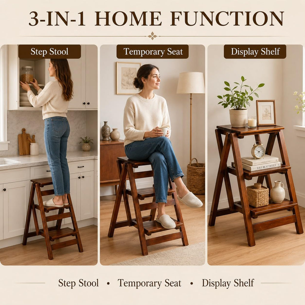 Solid Oak 3 Step Folding Ladder 330 lbs Capacity Wooden Step Stool M458