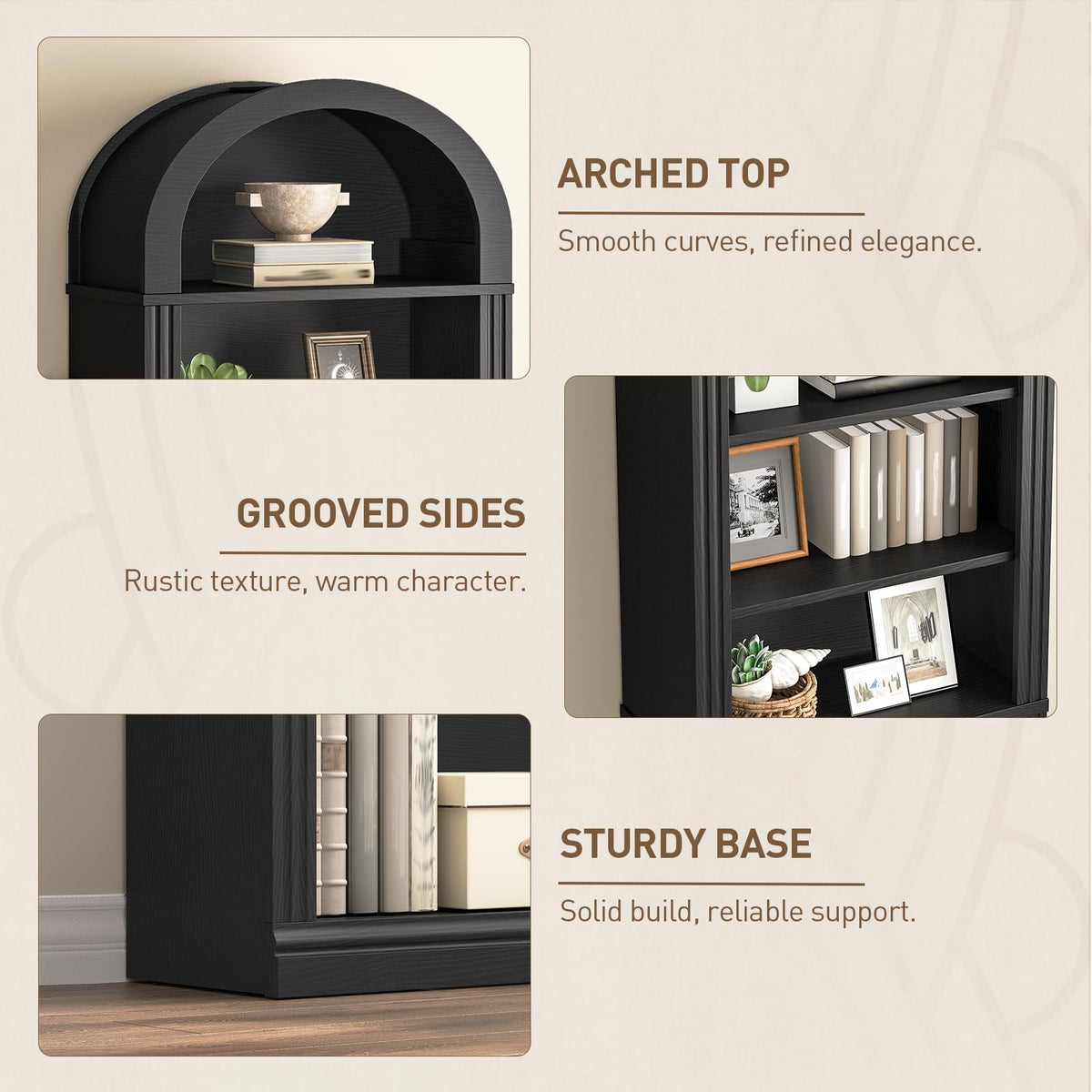 75.8" Tall Narrow 6-Tier Arched Wooden Bookshelf, Black A1733