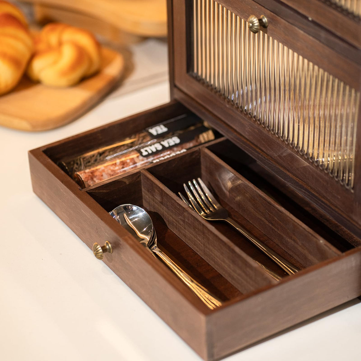 Wood Bread Box with Cutlery Drawer J475223