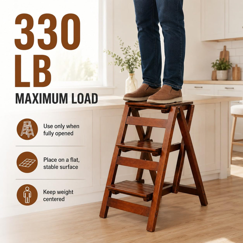 Solid Oak 3 Step Folding Ladder 330 lbs Capacity Wooden Step Stool M458