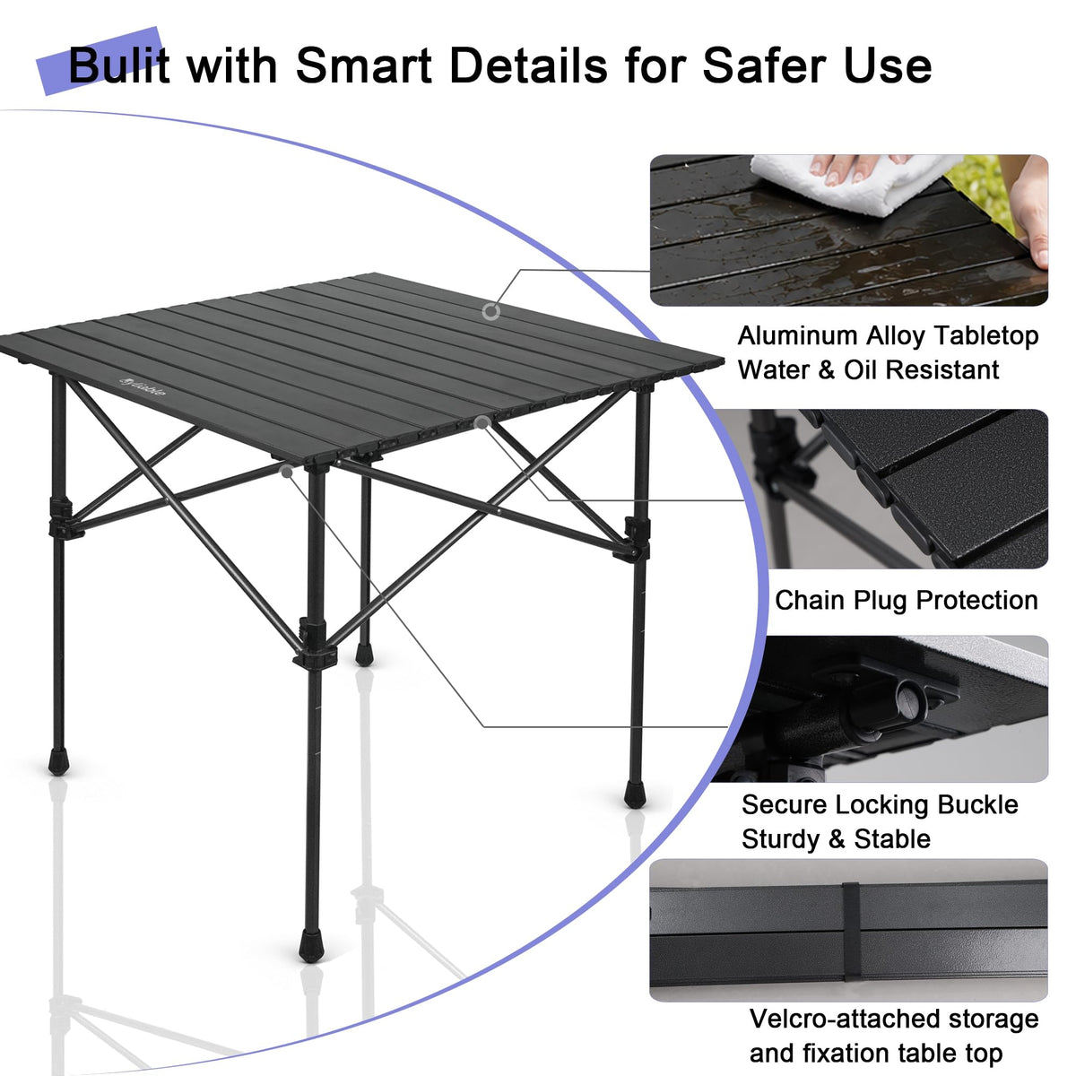 Square Folding Adjustable Height Camping Table, Black E87980