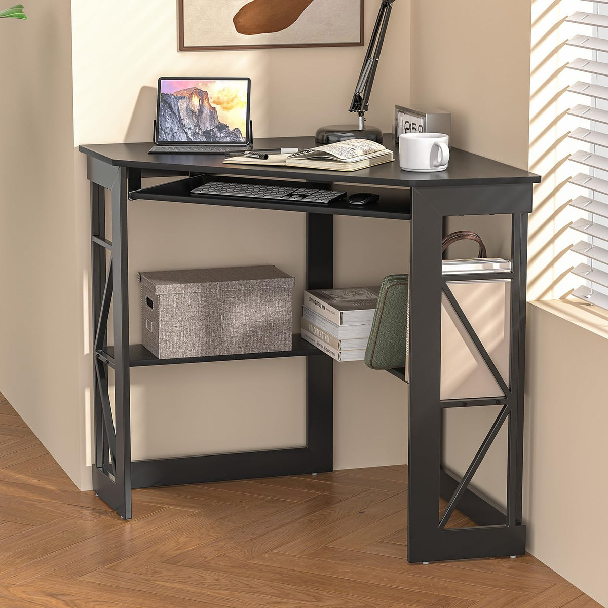 Black Corner Computer Desk with Keyboard Tray J12032