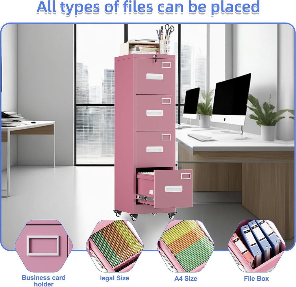 4 Drawer Metal File Cabinet with Lock and Wheels Y618394