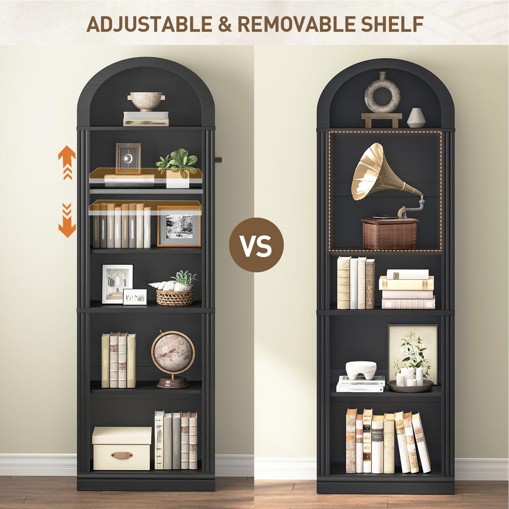 75.8" Tall Narrow 6-Tier Arched Wooden Bookshelf, Black A1733