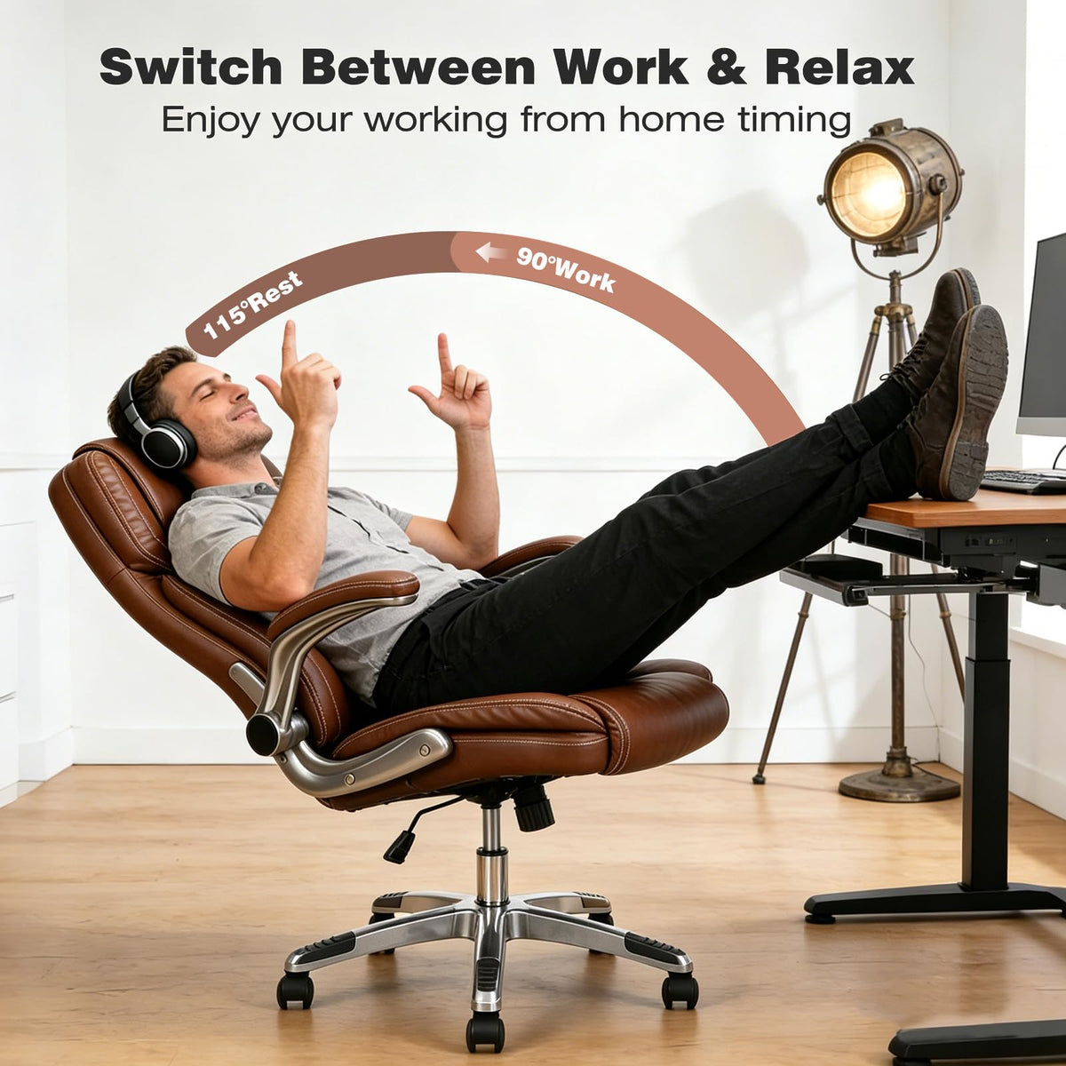 Brown Leather Executive Office Chair with Flip up Arms K761