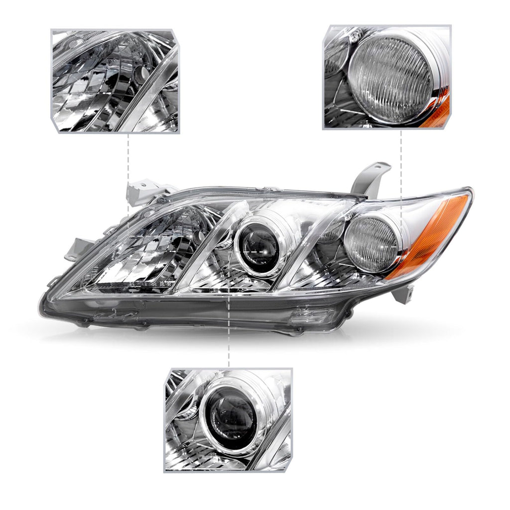 Pair Headlights Assembly Compatible With 2007-2009 Toyota Camry Driver Passenger Side Halogen Chrome Housing Clear Lens T2605