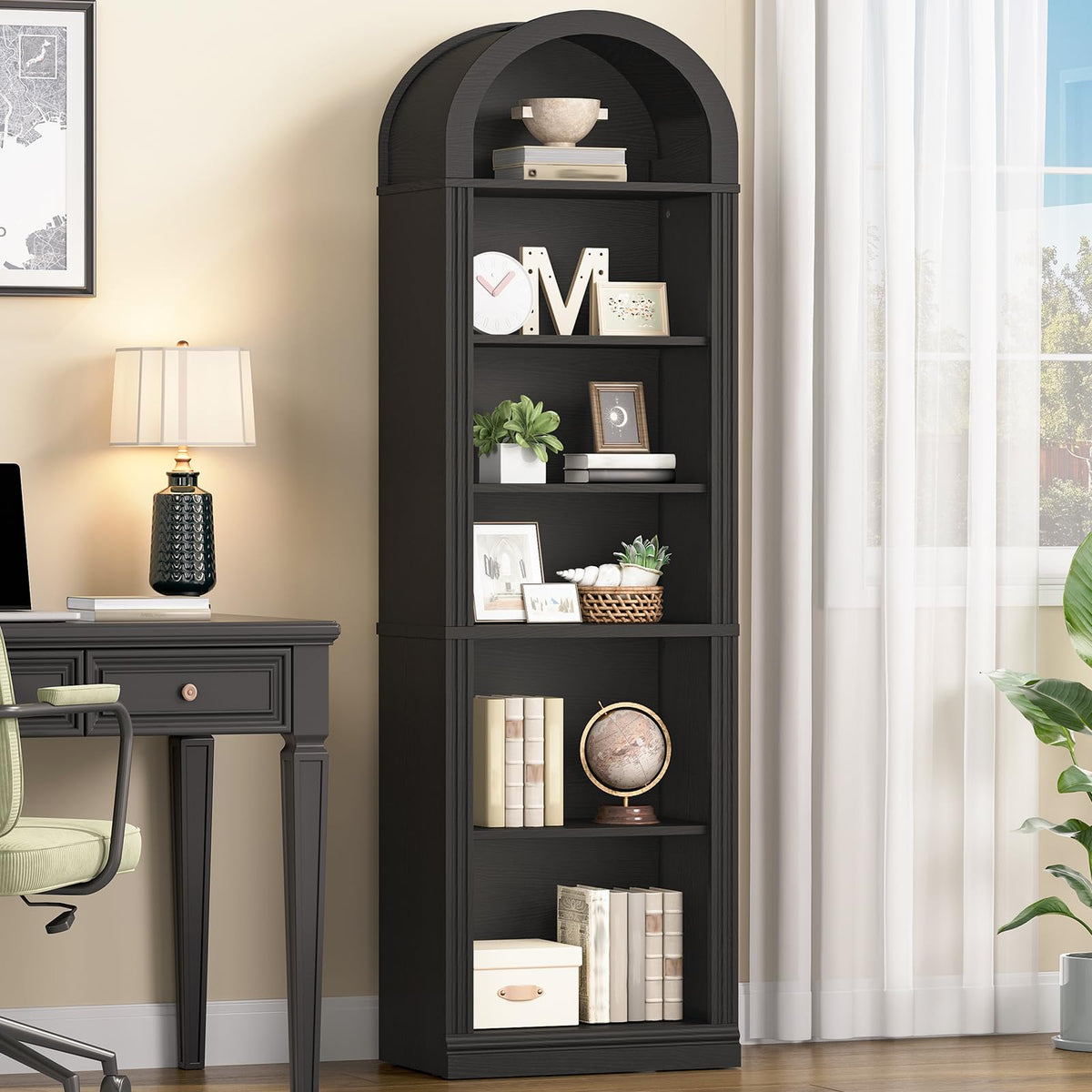 75.8" Tall Narrow 6-Tier Arched Wooden Bookshelf, Black A1733