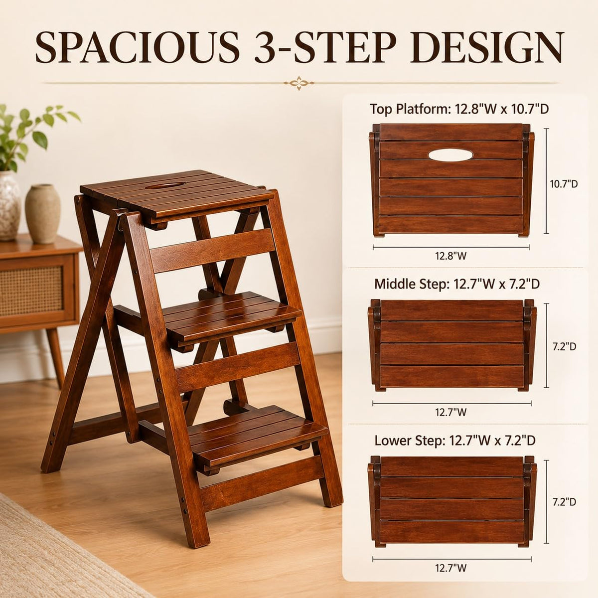 Solid Oak 3 Step Folding Ladder 330 lbs Capacity Wooden Step Stool M458