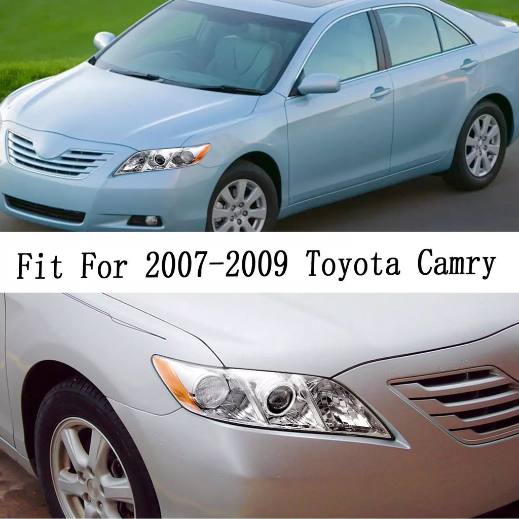 Pair Headlights Assembly Compatible With 2007-2009 Toyota Camry Driver Passenger Side Halogen Chrome Housing Clear Lens T2605