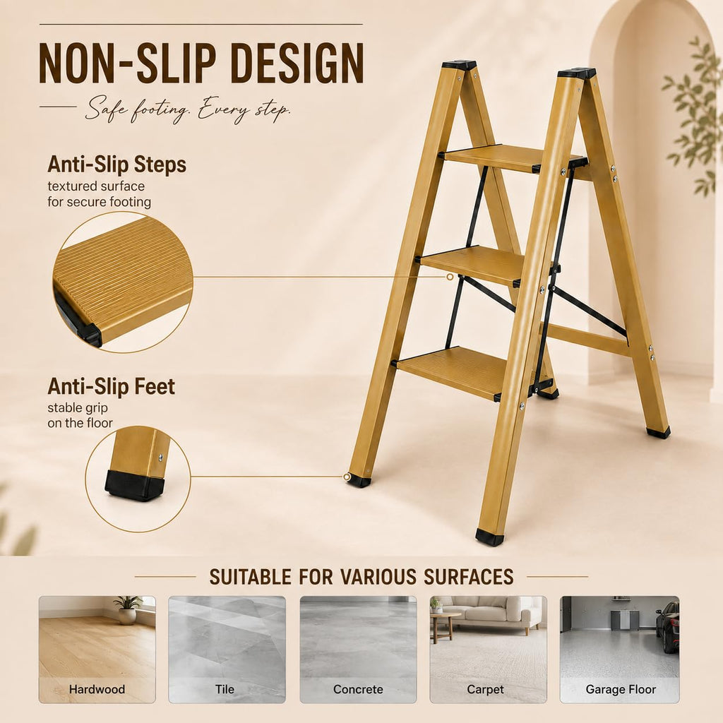 Gold Aluminum 3 Step Folding Stool, 330 lb Capacity K466238