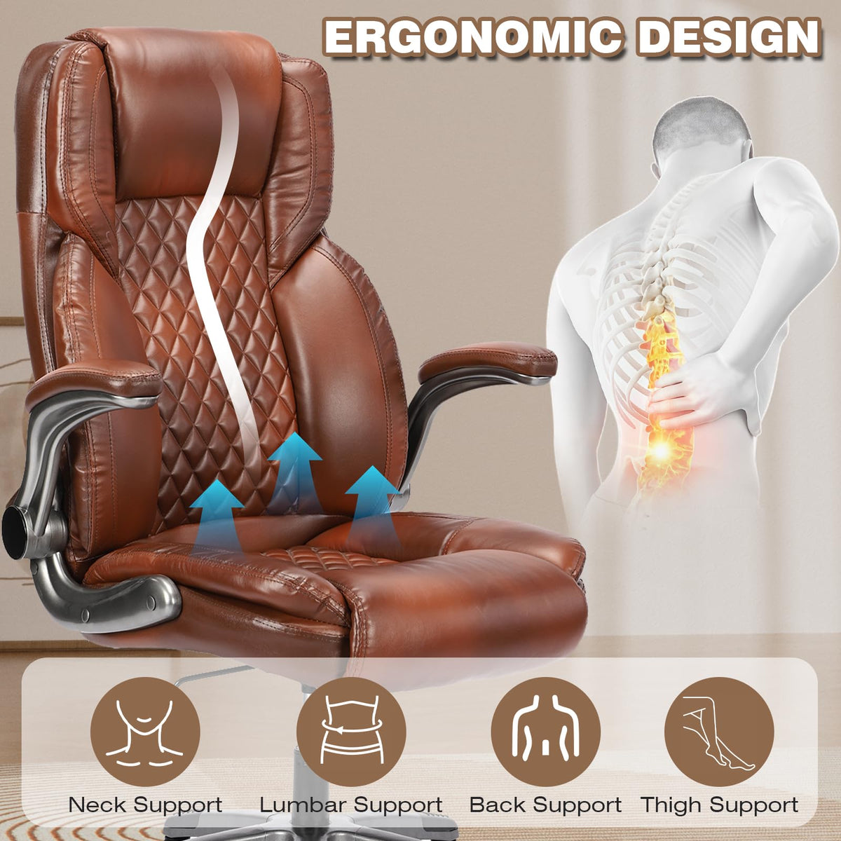 Brown Leather Executive Office Chair with Flip up Arms K761