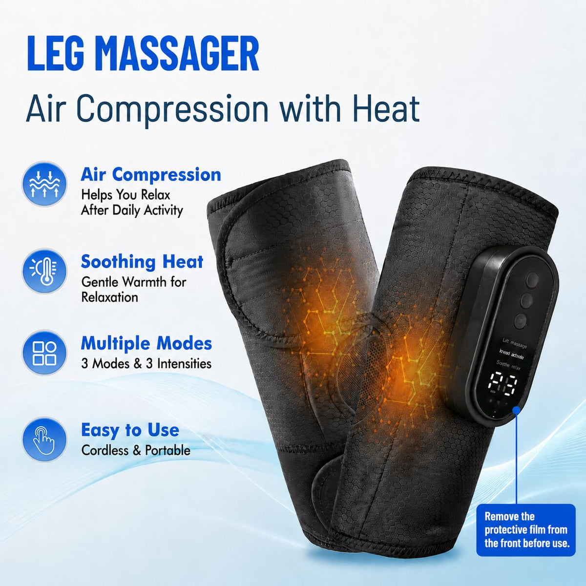 Cordless Air Compression Leg Massager with Heat, 2 Pack (Black) R156