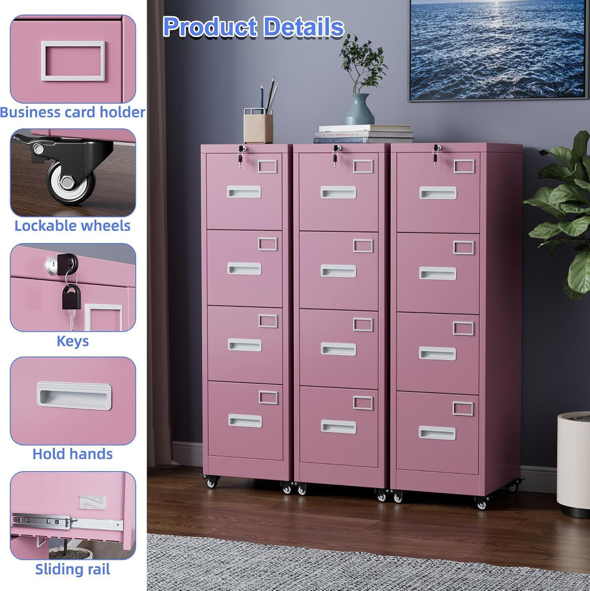 4 Drawer Metal File Cabinet with Lock and Wheels Y618394