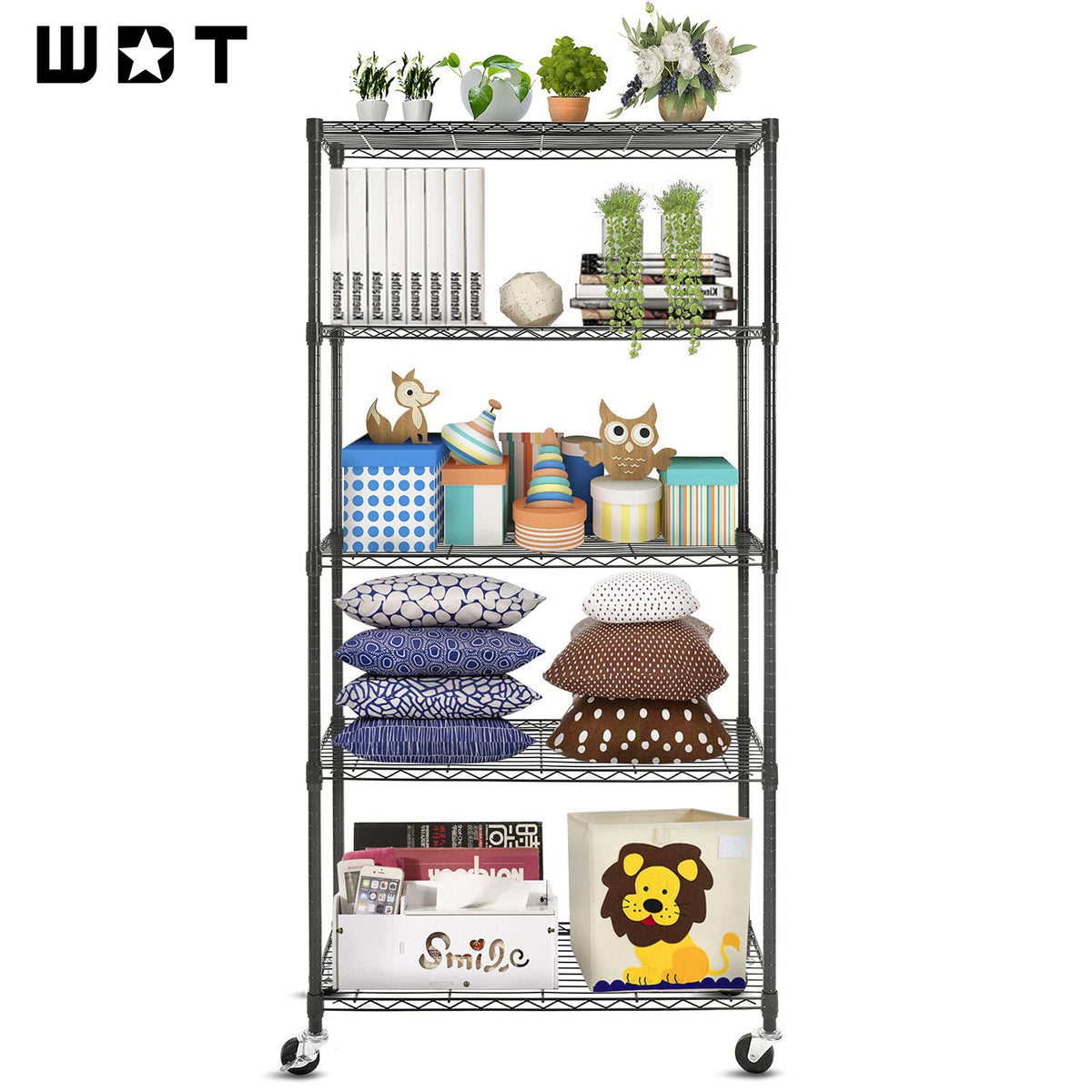 5-Shelf Adjustable Heavy Duty Metal Shelving Unit with Wheels, Black T60726