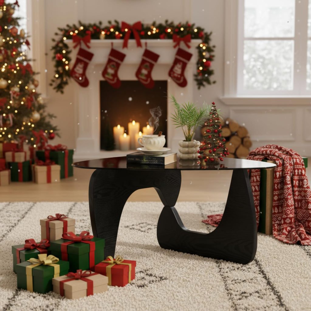 Modern Triangle Glass Coffee Table with Wood Base S59455