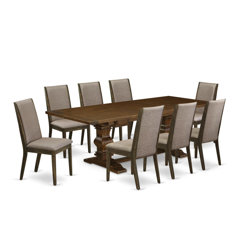 9 Piece Walnut Dining Table Set with Butterfly Leaf and 8 Dark Khaki Linen Fabric Chairs M707