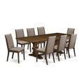 9 Piece Walnut Dining Table Set with Butterfly Leaf and 8 Dark Khaki Linen Fabric Chairs M707