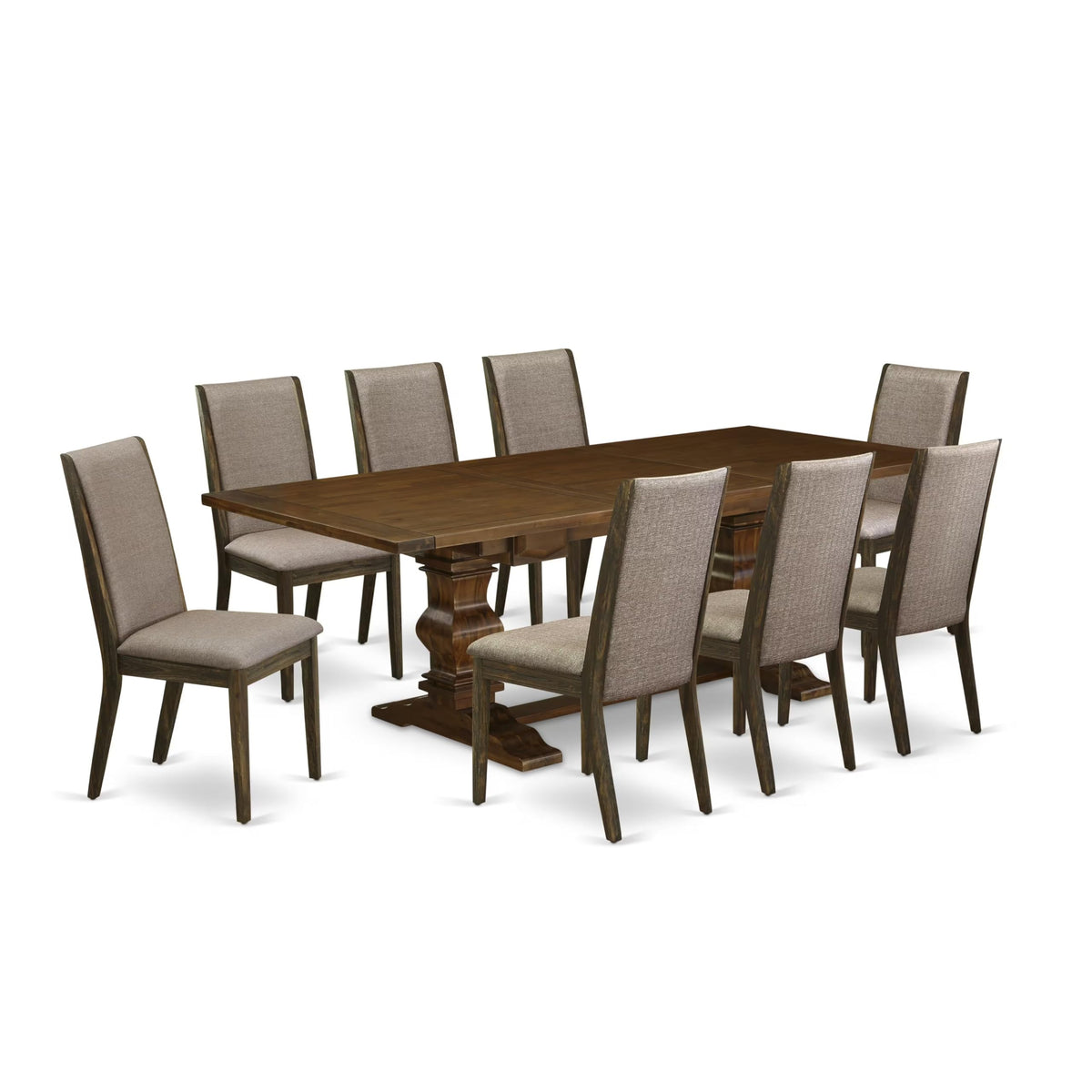 9 Piece Walnut Dining Table Set with Butterfly Leaf and 8 Dark Khaki Linen Fabric Chairs M707