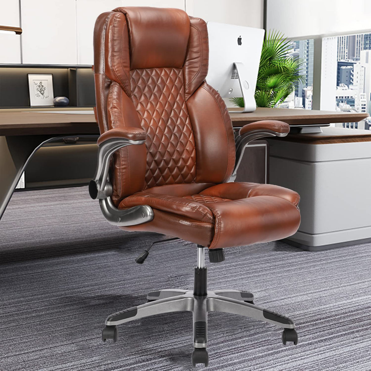 Brown Leather Executive Office Chair with Flip up Arms K761