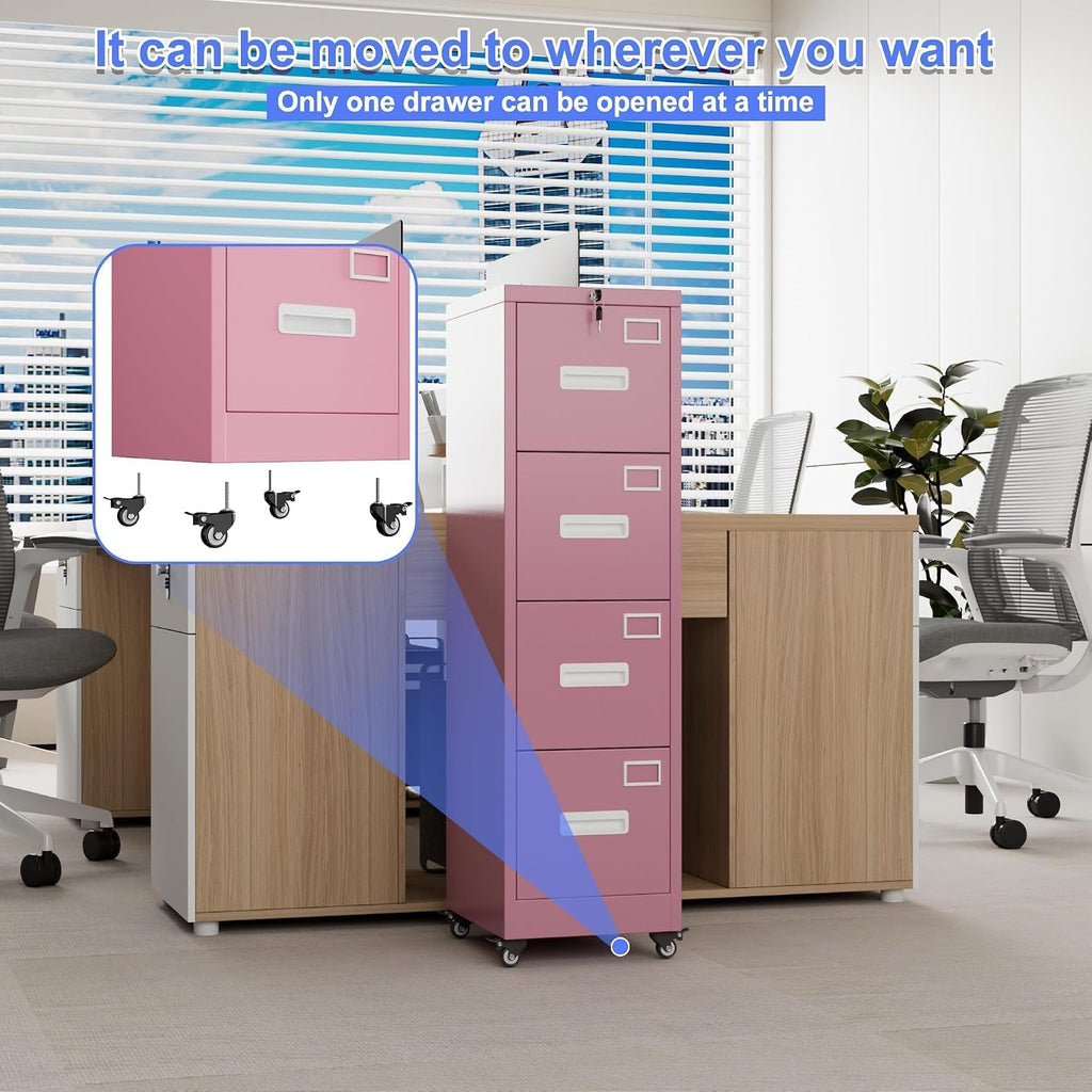4 Drawer Metal File Cabinet with Lock and Wheels Y618394
