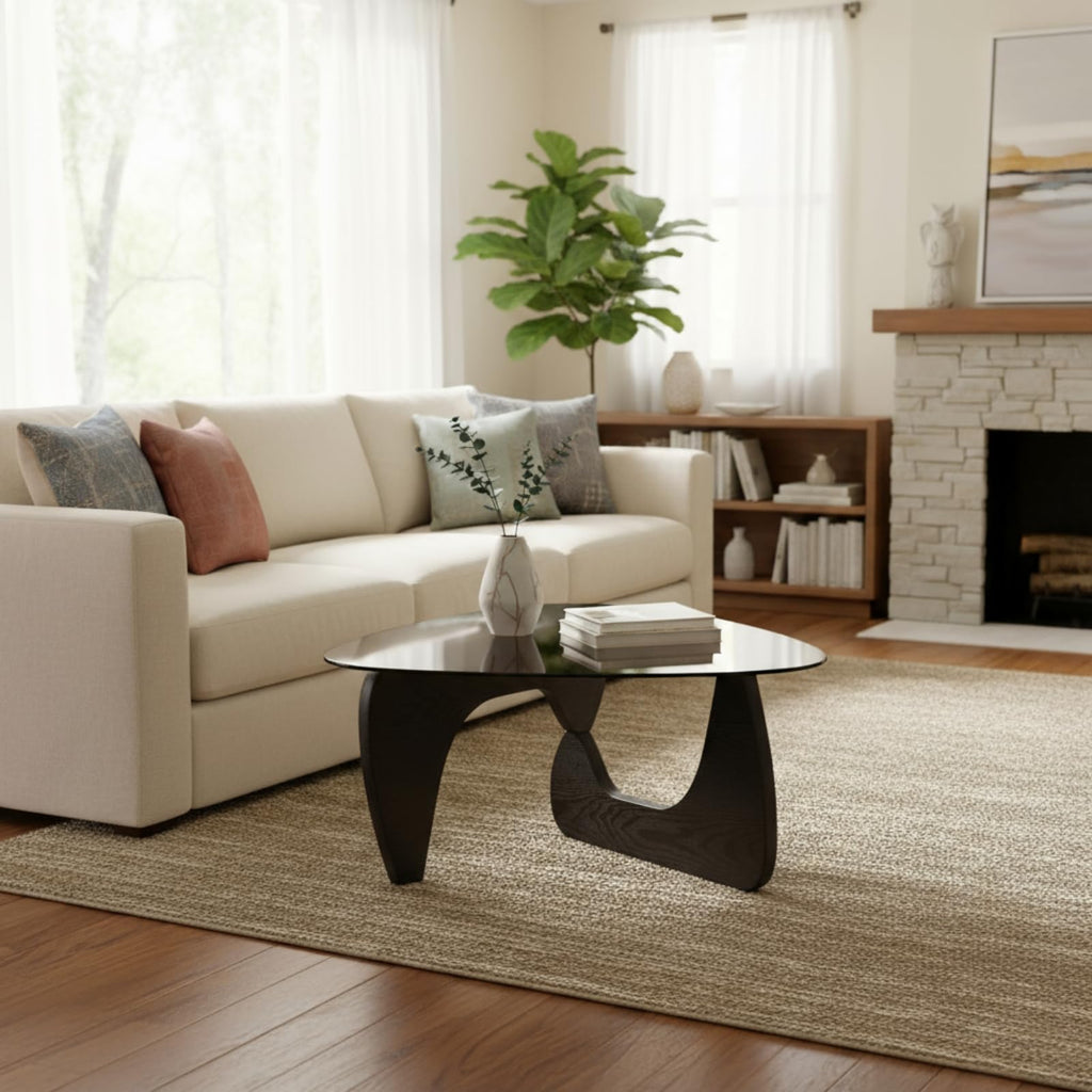 Modern Triangle Glass Coffee Table with Wood Base S59455