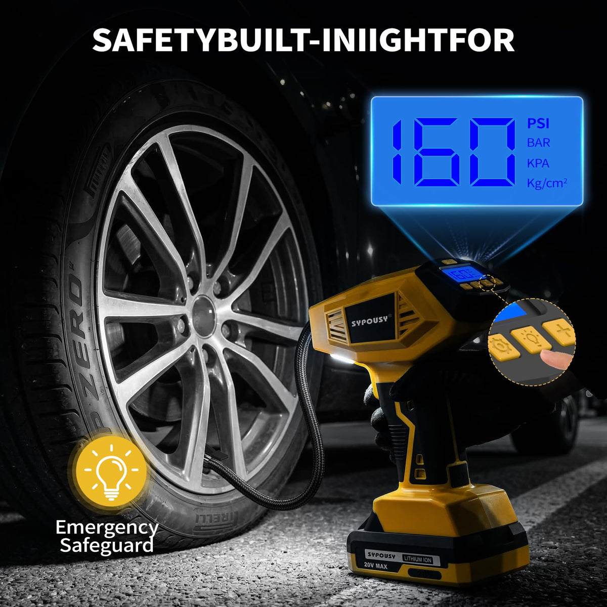 Cordless Tire Inflator Portable Air Compressor 160PSI E907